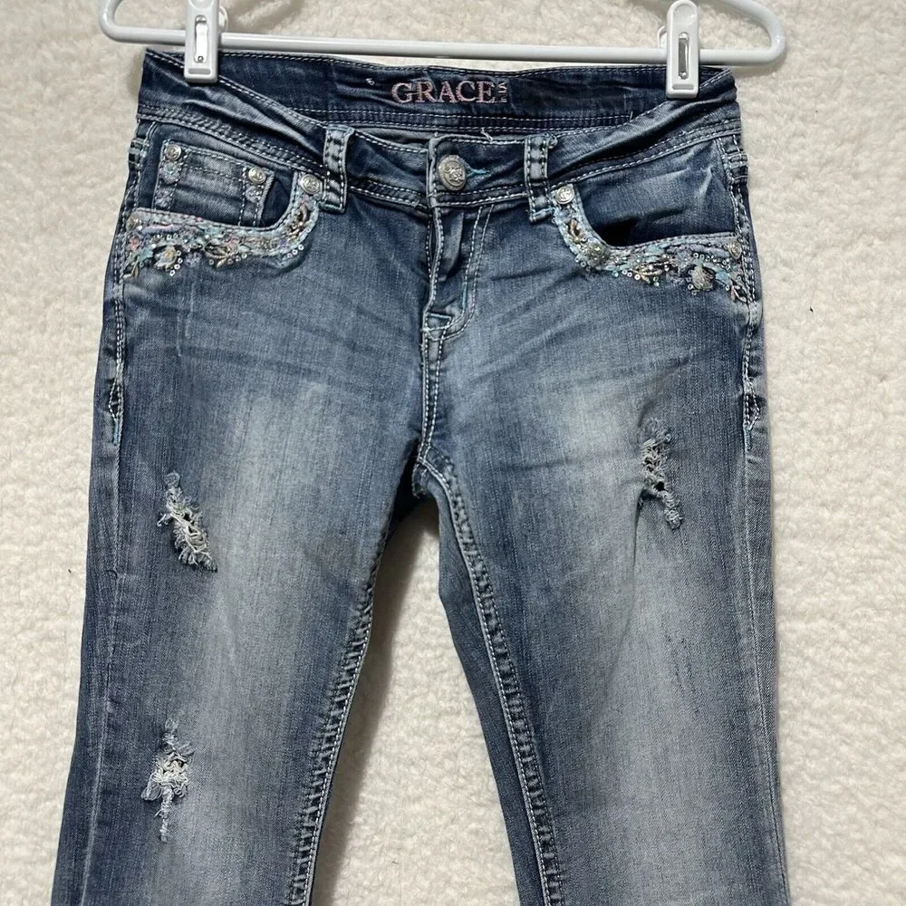 Grace In LA Boot Cut Embellished Embroidered Blue Light Wash‎ Faded Jeans Sz 28